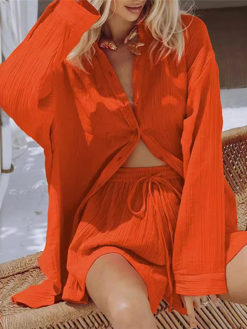 Damen Unifarben Nahtverarbeitung Zweiteiliges Set Täglich Langarm Lässig Frühling/Herbst Bluse mit Hose Matching Set