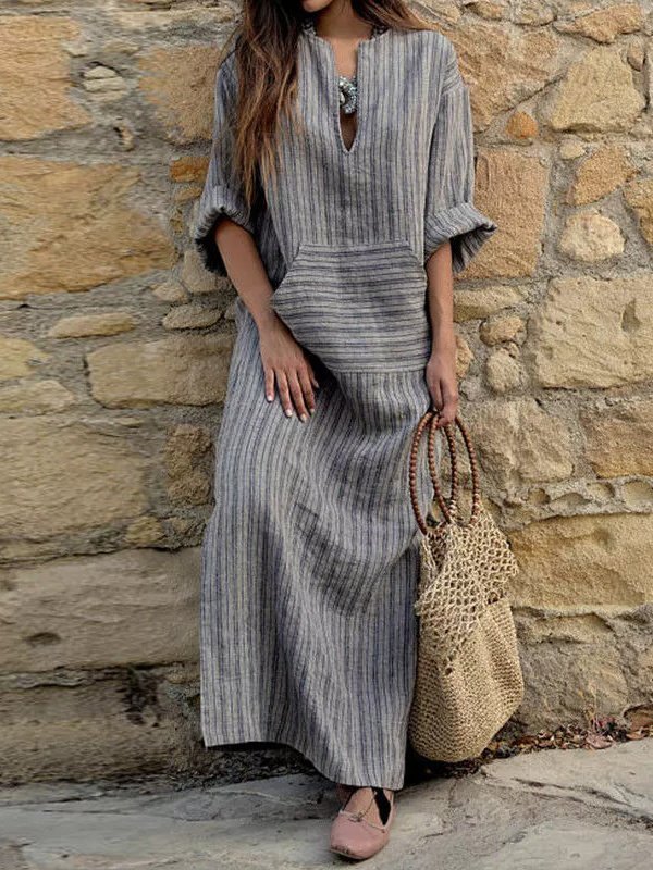 Damen Gestreift Langarm Frühling/Herbst Print Kleid U-Ausschnitt Täglich Retro Maxikleid Tanktop A-Linien-Kleid