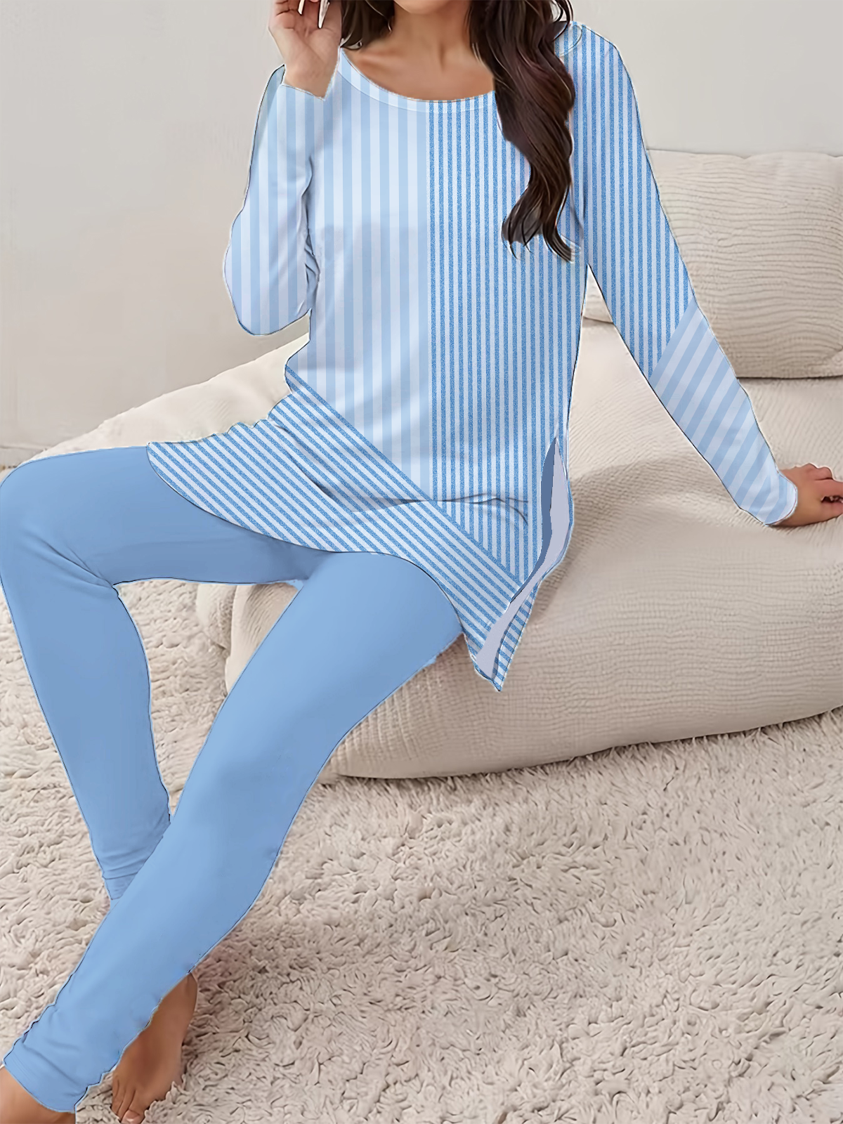 Damen Gestreift Print Zweiteiliges Set Täglich Langarm Lässig Frühling/Herbst Bluse mit Hose Matching Set