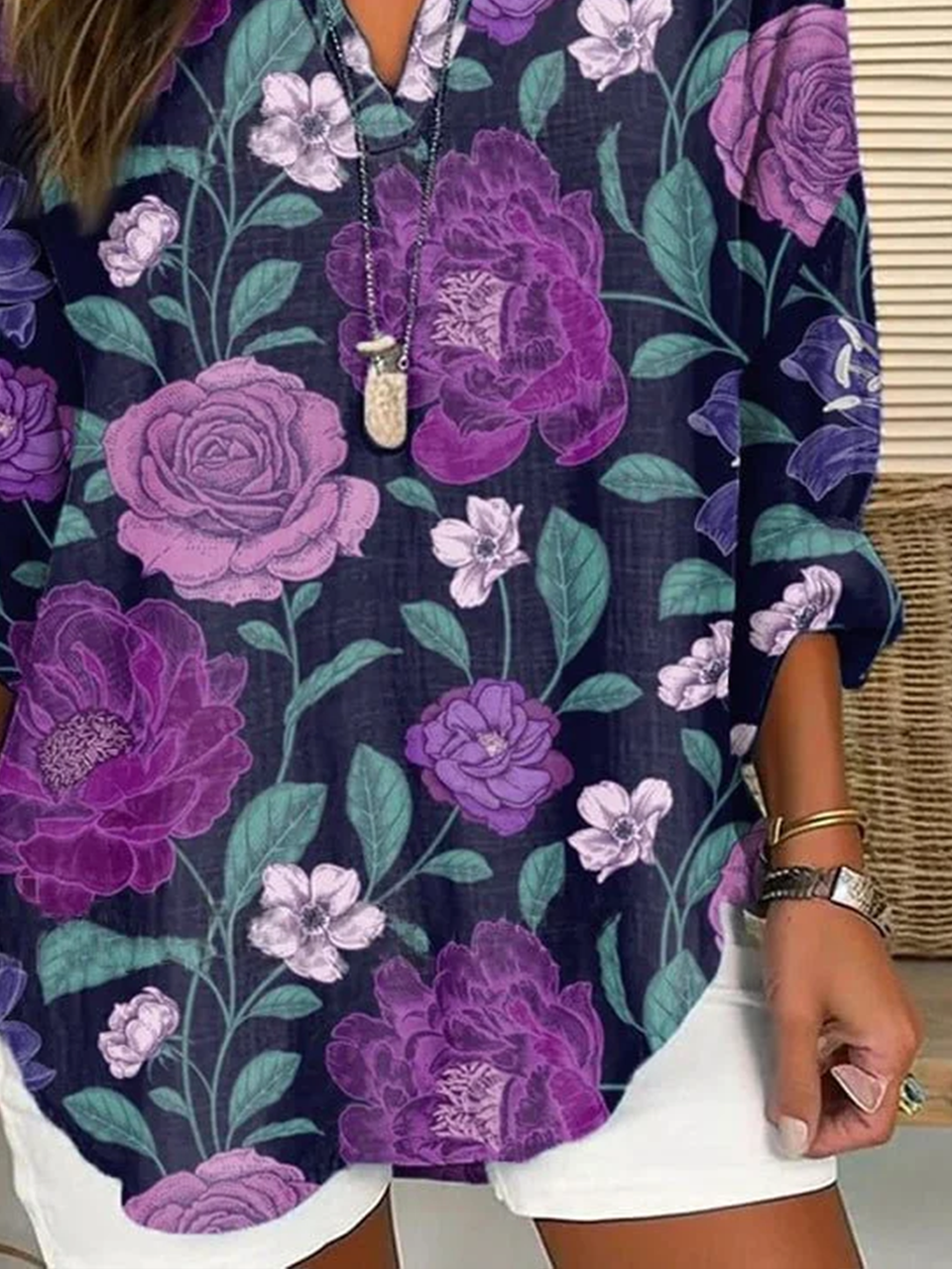 Damen Geblümt Langarm Bluse Frühling/Herbst Print V-Ausschnitt Täglich Lässig Oberteile