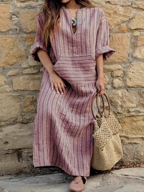 Damen Gestreift Langarm Frühling/Herbst Print Kleid U-Ausschnitt Täglich Retro Maxikleid Tanktop A-Linien-Kleid