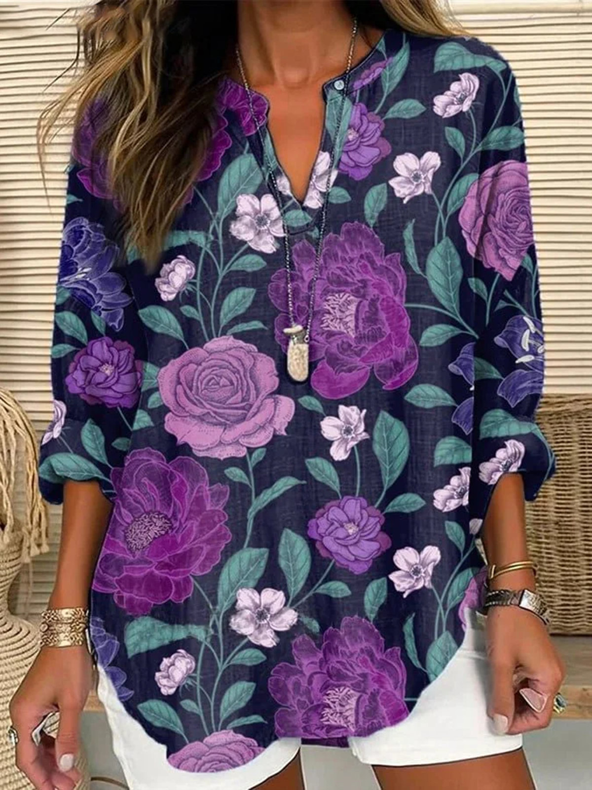 Damen Geblümt Langarm Bluse Frühling/Herbst Print V-Ausschnitt Täglich Lässig Oberteile