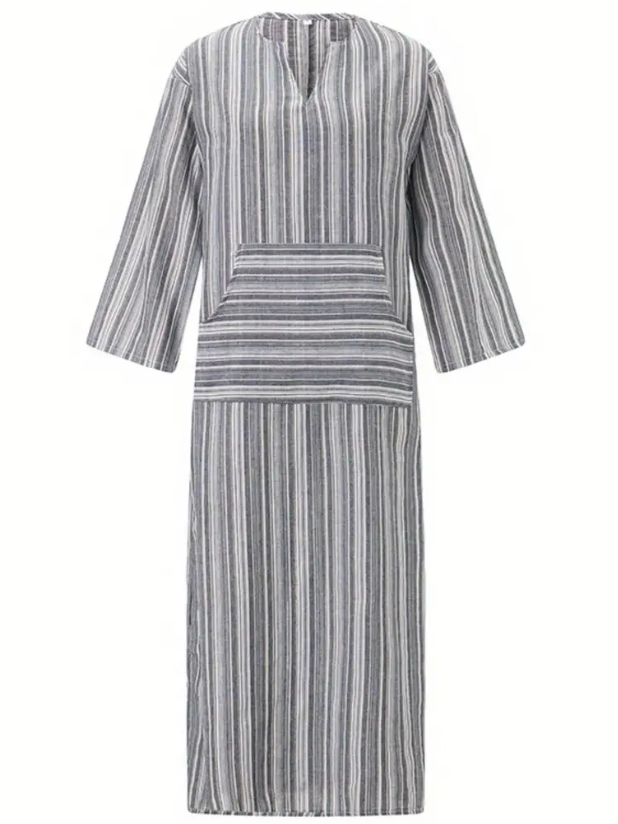 Damen Gestreift Langarm Frühling/Herbst Print Kleid U-Ausschnitt Täglich Retro Maxikleid Tanktop A-Linien-Kleid