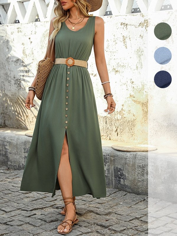 Damen Unifarben Ärmellos Sommer Nahtverarbeitung Kleid V-Ausschnitt Täglich Retro Maxikleid Tanktop A-Linien-Kleid