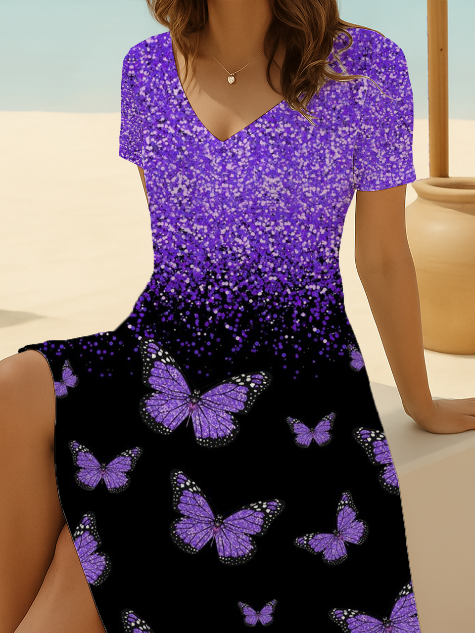 Damen Schmetterling Kurzarm Sommer Print Kleid V-Ausschnitt Täglich Lässig Midi Passen & Flare Kleid A-Linien-Kleid