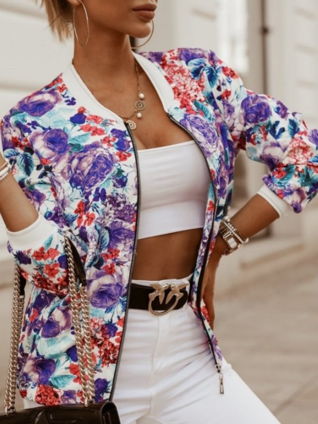 Damen Frühling/Herbst Oberbekleidung Retro Print Geblümt Langarm Stehkragen Jacke