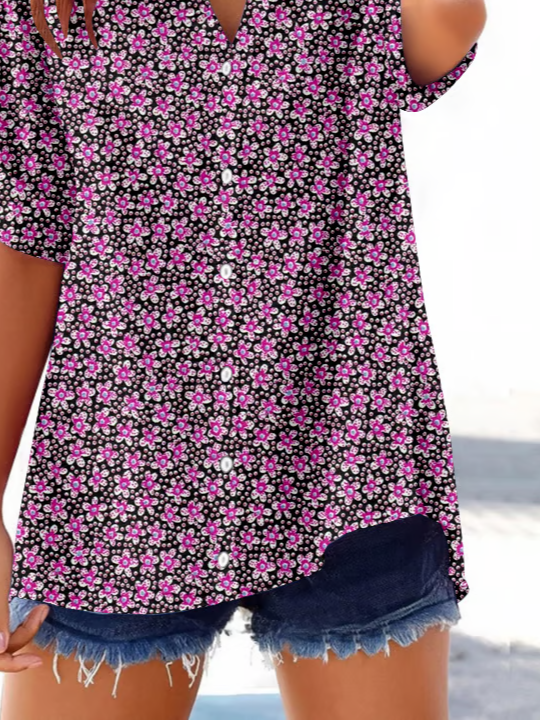 Damen Geblümt Kurzarm Bluse Sommer Print V-Ausschnitt Täglich Lässig Oberteile