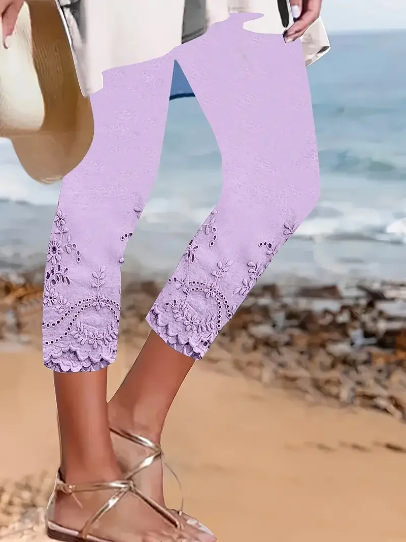 Damen Geblümt Caprihosen Elastische Taille Hose Lässig Sommer Hose