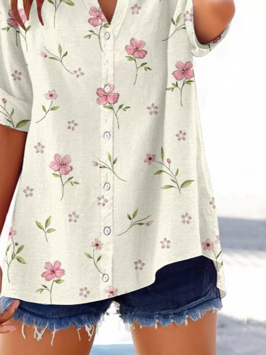 Damen Geblümt Kurzarm Bluse Sommer Print V-Ausschnitt Täglich Lässig Oberteile