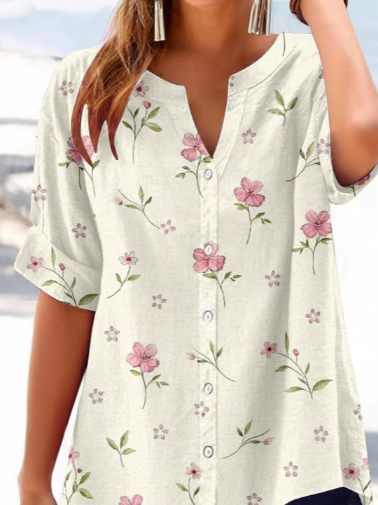 Damen Geblümt Kurzarm Bluse Sommer Print V-Ausschnitt Täglich Lässig Oberteile