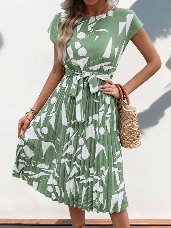 Damen Abstrakt Grafik Kurzarm Sommer Print Kleid V-Ausschnitt Täglich Retro Midi Tanktop A-Linien-Kleid