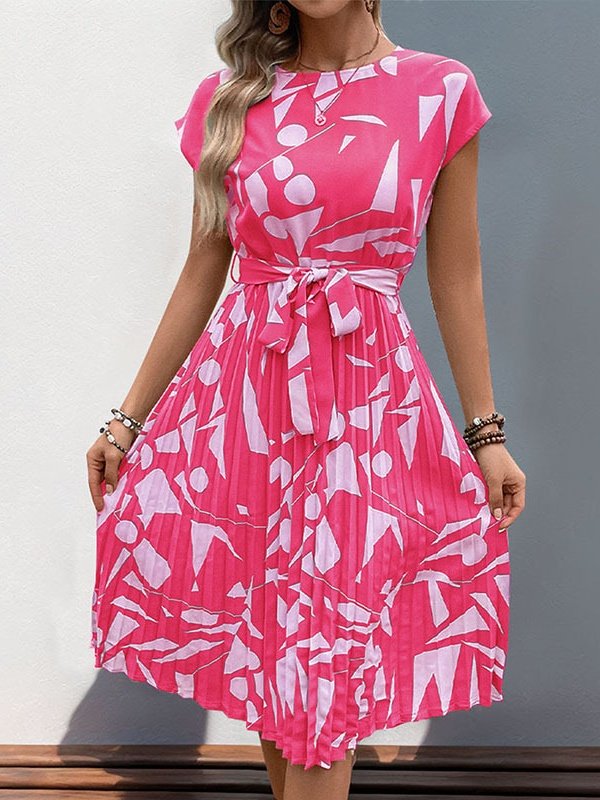 Damen Abstrakt Grafik Kurzarm Sommer Print Kleid V-Ausschnitt Täglich Retro Midi Tanktop A-Linien-Kleid