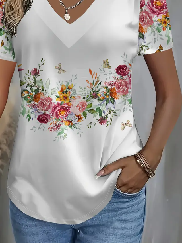 Damen Geblümt Kurzarm T-Shirts T-Shirt V-Ausschnitt Print Lässig Sommer T-Shirt mit Grafik Oberteile