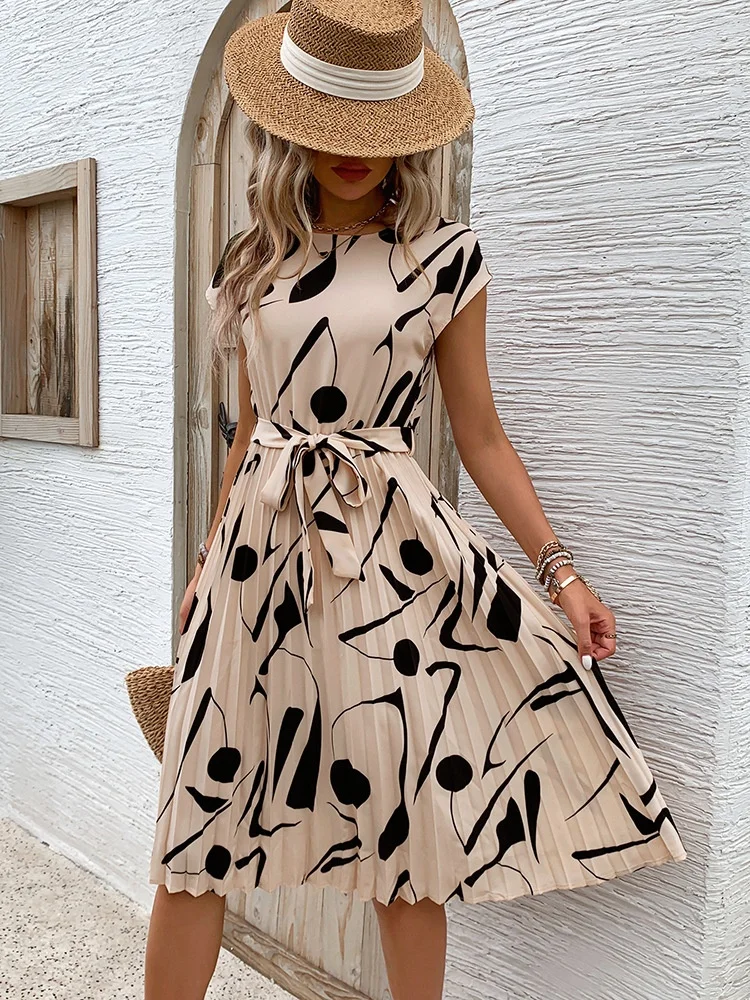 Damen Abstrakt Grafik Kurzarm Sommer Print Kleid V-Ausschnitt Täglich Retro Midi Tanktop A-Linien-Kleid