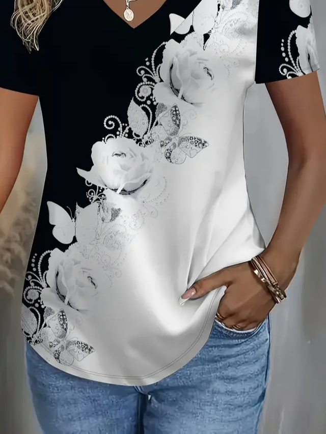 Damen Geblümt Kurzarm T-Shirts T-Shirt V-Ausschnitt Print Lässig Sommer T-Shirt mit Grafik Oberteile
