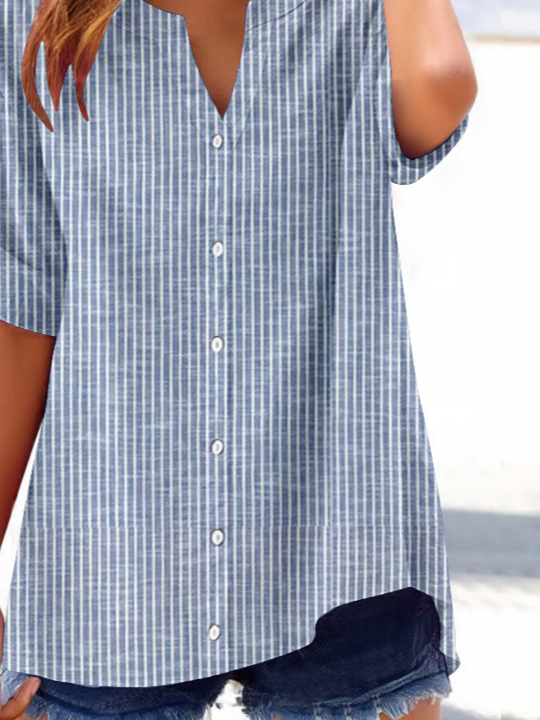 Damen Gestreift Kurzarm Bluse Sommer Print V-Ausschnitt Täglich Lässig Oberteile