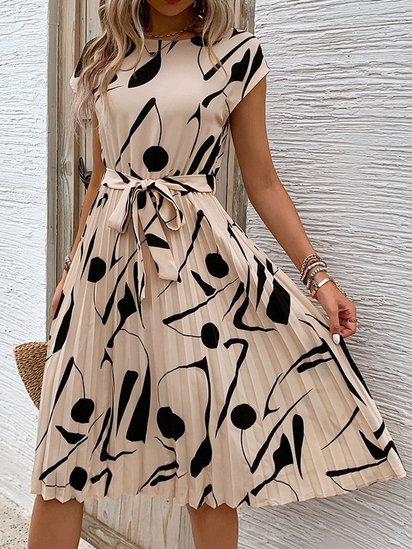 Damen Abstrakt Grafik Kurzarm Sommer Print Kleid V-Ausschnitt Täglich Retro Midi Tanktop A-Linien-Kleid