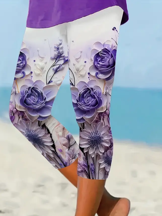 Damen Geblümt Caprihosen Elastische Taille Hose Lässig Sommer Hose