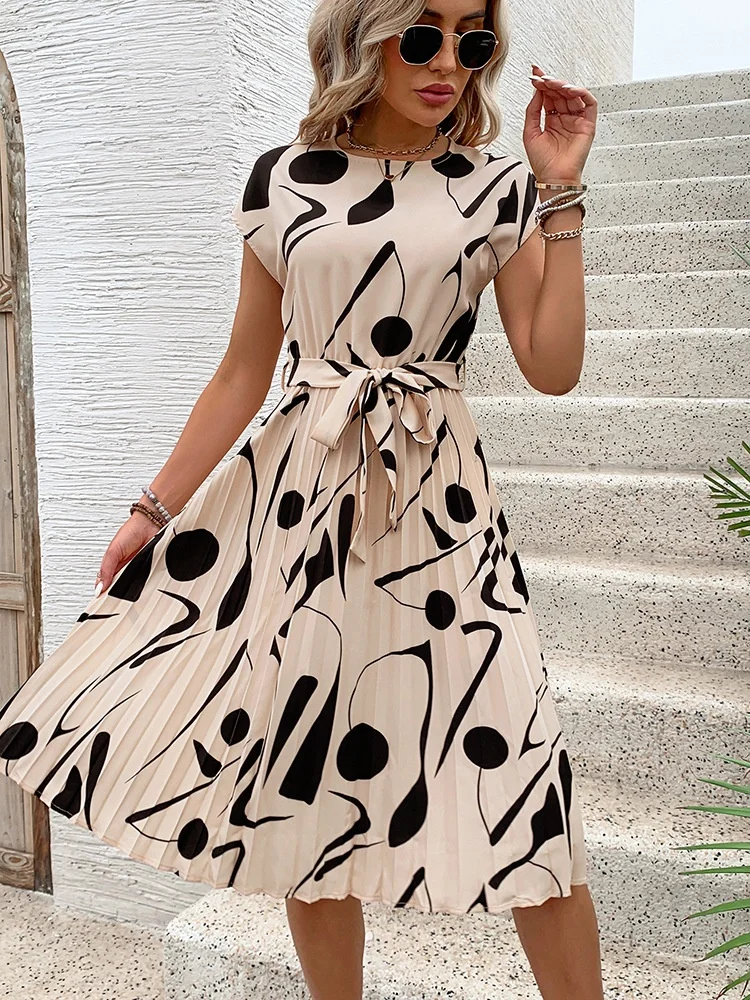 Damen Abstrakt Grafik Kurzarm Sommer Print Kleid V-Ausschnitt Täglich Retro Midi Tanktop A-Linien-Kleid
