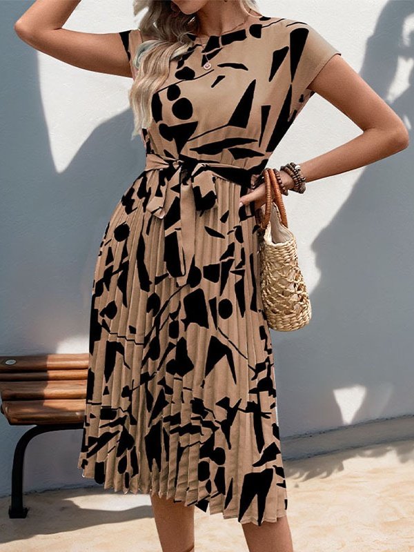Damen Abstrakt Grafik Kurzarm Sommer Print Kleid V-Ausschnitt Täglich Retro Midi Tanktop A-Linien-Kleid