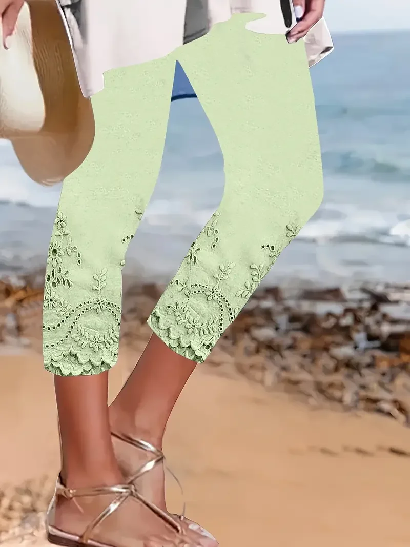 Damen Geblümt Caprihosen Elastische Taille Hose Lässig Sommer Hose