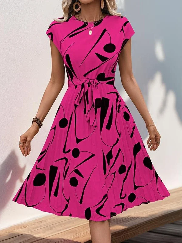 Damen Abstrakt Grafik Kurzarm Sommer Print Kleid V-Ausschnitt Täglich Retro Midi Tanktop A-Linien-Kleid