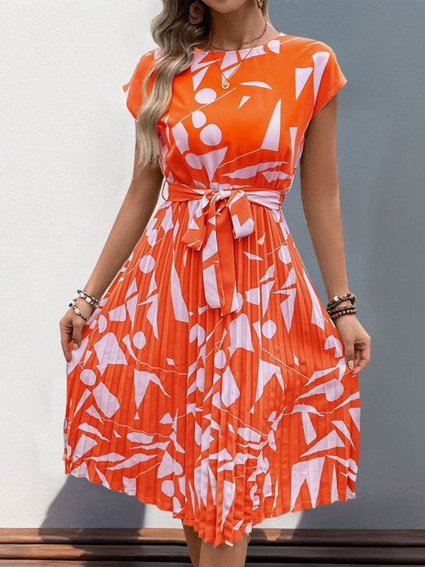 Damen Abstrakt Grafik Kurzarm Sommer Print Kleid V-Ausschnitt Täglich Retro Midi Tanktop A-Linien-Kleid