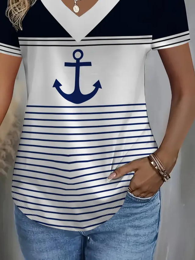 Damen Anker Kurzarm T-Shirts T-Shirt V-Ausschnitt Print Lässig Sommer T-Shirt mit Grafik Oberteile