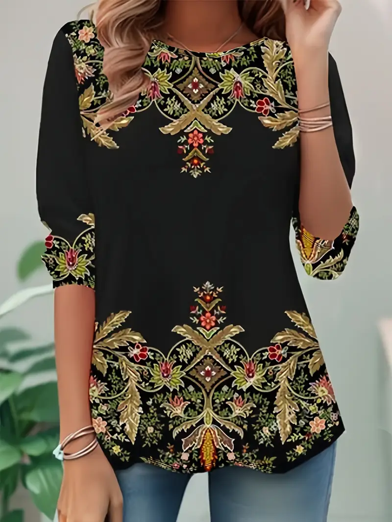 Damen Geblümt Langarm T-Shirts T-Shirt Rundhals Print Lässig Frühling/Herbst Tunika Oberteile