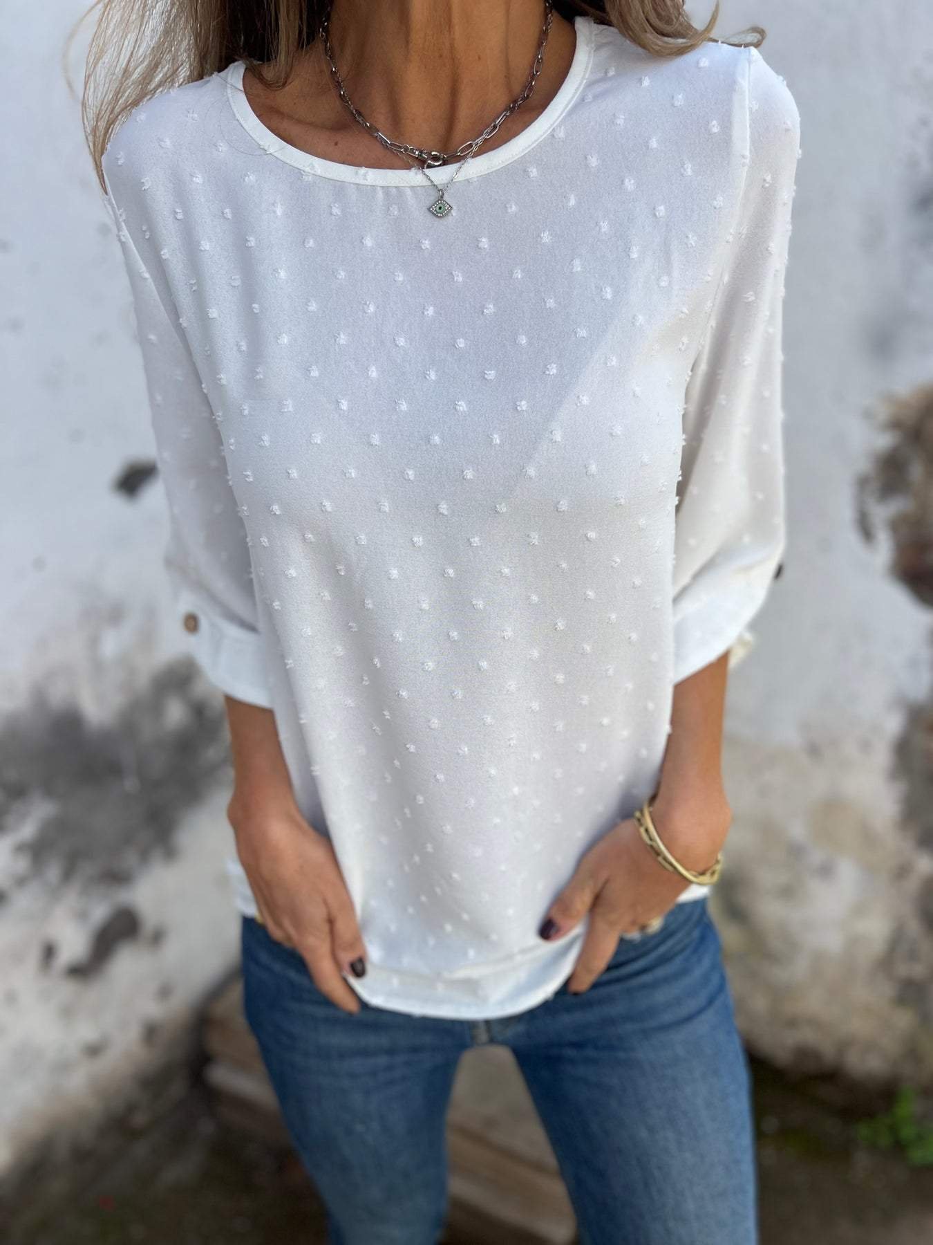 Damen Polka Dots Dreiviertelärmel T-Shirts T-Shirt Rundhals Jacquard Lässig Frühling/Herbst Oberteile