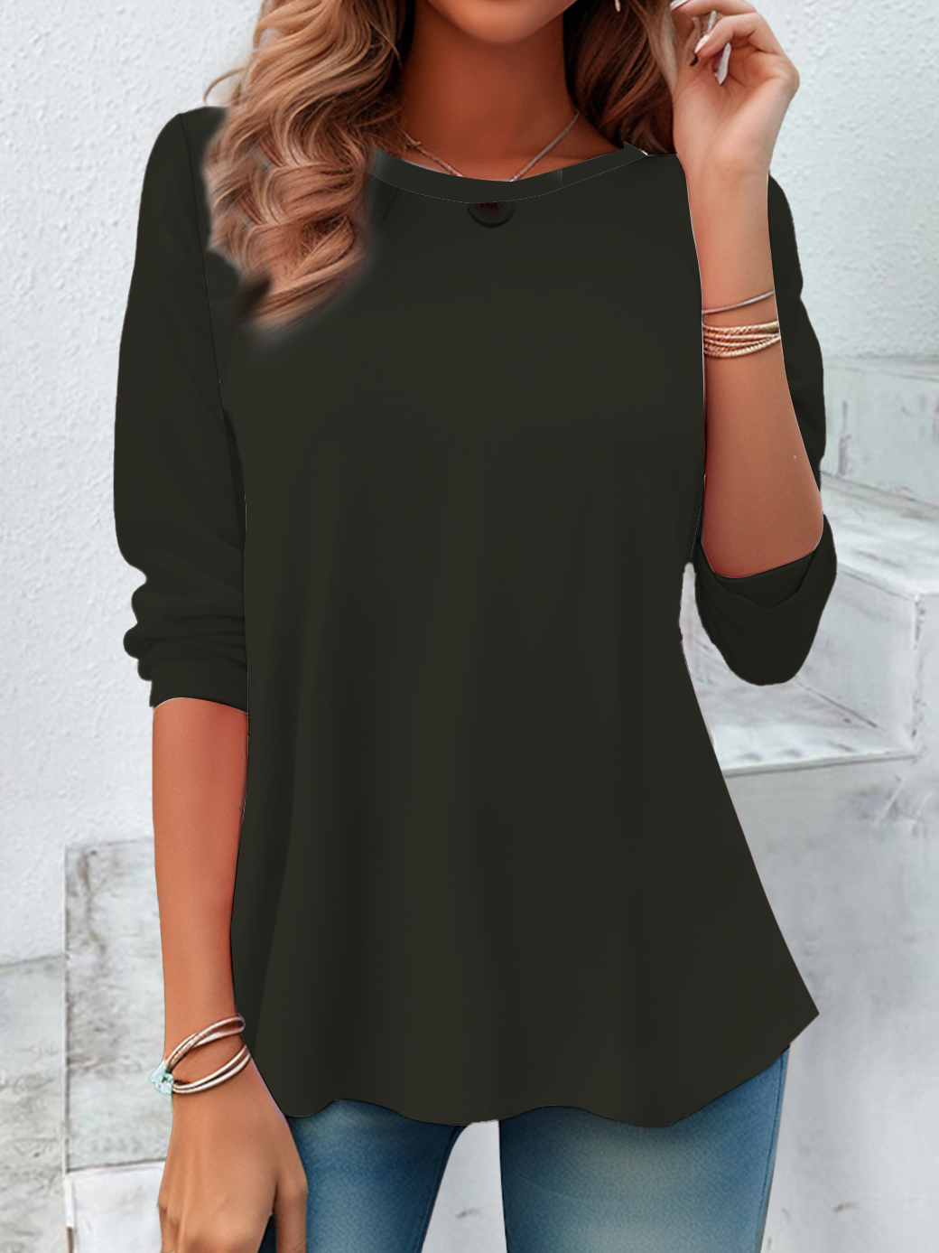 Damen Unifarben Langarm T-Shirts T-Shirt Rundhals Lässig Frühling/Herbst Tunika Oberteile