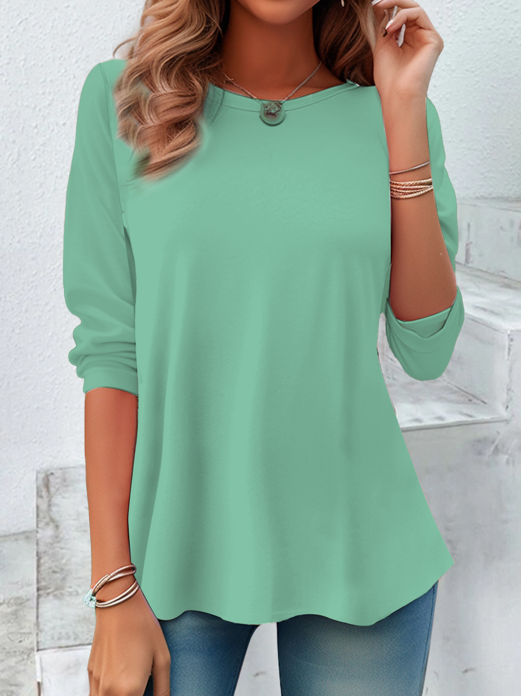 Damen Unifarben Langarm T-Shirts T-Shirt Rundhals Lässig Frühling/Herbst Tunika Oberteile