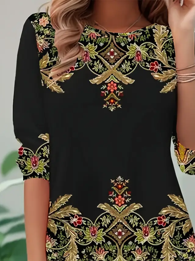 Damen Geblümt Langarm T-Shirts T-Shirt Rundhals Print Lässig Frühling/Herbst Tunika Oberteile