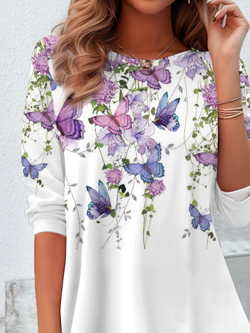 Damen Geblümt Langarm T-Shirts T-Shirt Rundhals Print Lässig Frühling/Herbst Tunika Oberteile