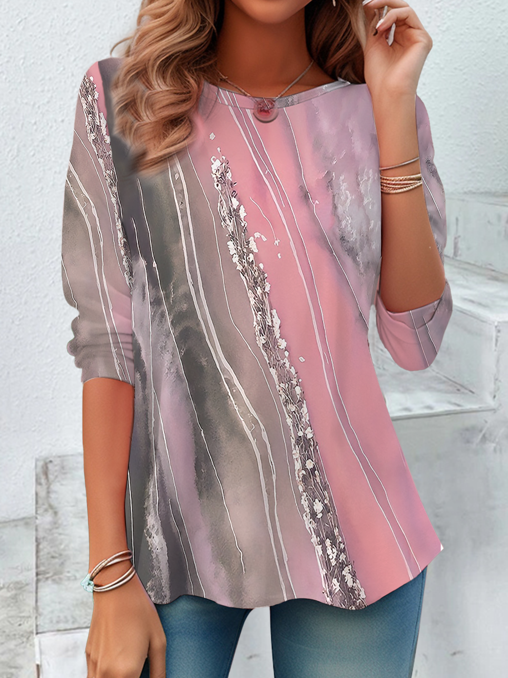 Damen Abstrakt Langarm T-Shirts T-Shirt Rundhals Print Lässig Frühling/Herbst Tunika Oberteile