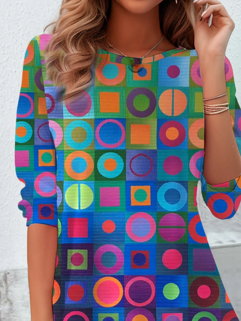 Damen Geometrisch Langarm T-Shirts T-Shirt Rundhals Print Lässig Frühling/Herbst Tunika Oberteile