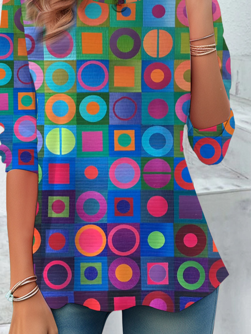 Damen Geometrisch Langarm T-Shirts T-Shirt Rundhals Print Lässig Frühling/Herbst Tunika Oberteile