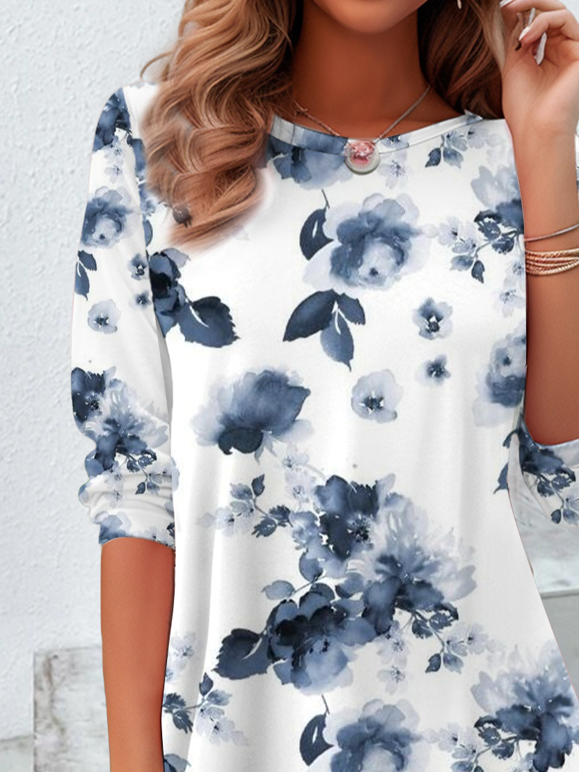 Damen Geblümt Langarm T-Shirts T-Shirt Rundhals Print Lässig Frühling/Herbst Tunika Oberteile