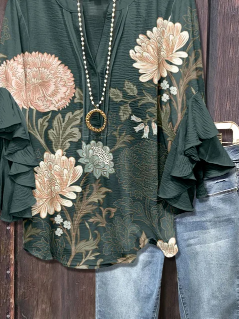 Damen Geblümt Halbarm Bluse Sommer Print V-Ausschnitt Täglich Lässig Oberteile