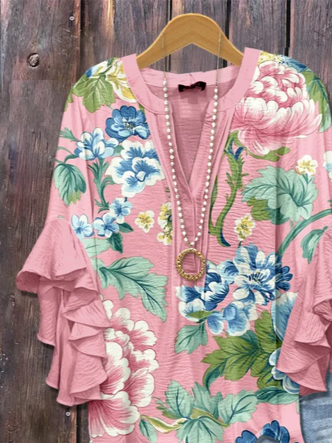 Damen Geblümt Halbarm Bluse Sommer Print V-Ausschnitt Täglich Lässig Oberteile