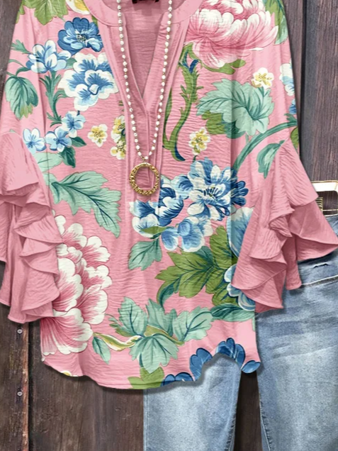 Damen Geblümt Halbarm Bluse Sommer Print V-Ausschnitt Täglich Lässig Oberteile