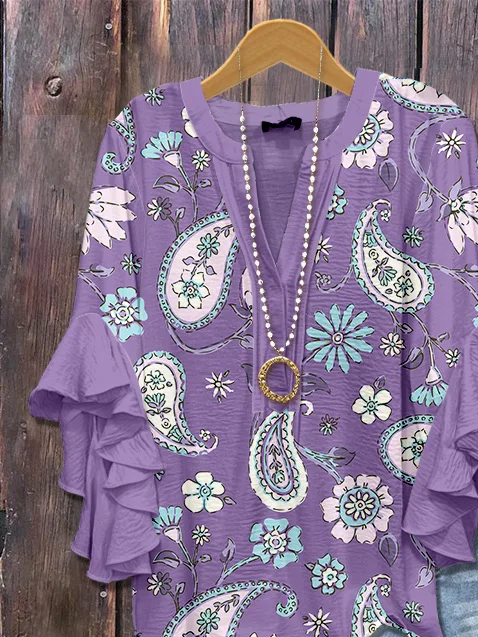 Damen Geblümt Halbarm Bluse Sommer Print V-Ausschnitt Täglich Lässig Oberteile