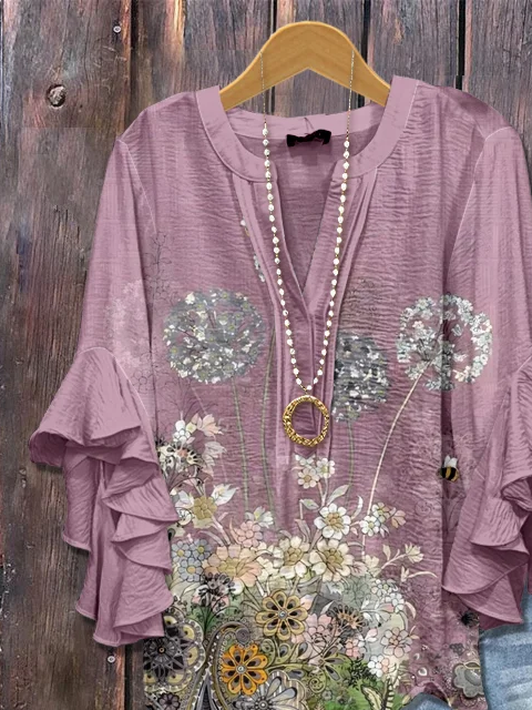 Damen Geblümt Halbarm Bluse Sommer Print V-Ausschnitt Täglich Lässig Oberteile