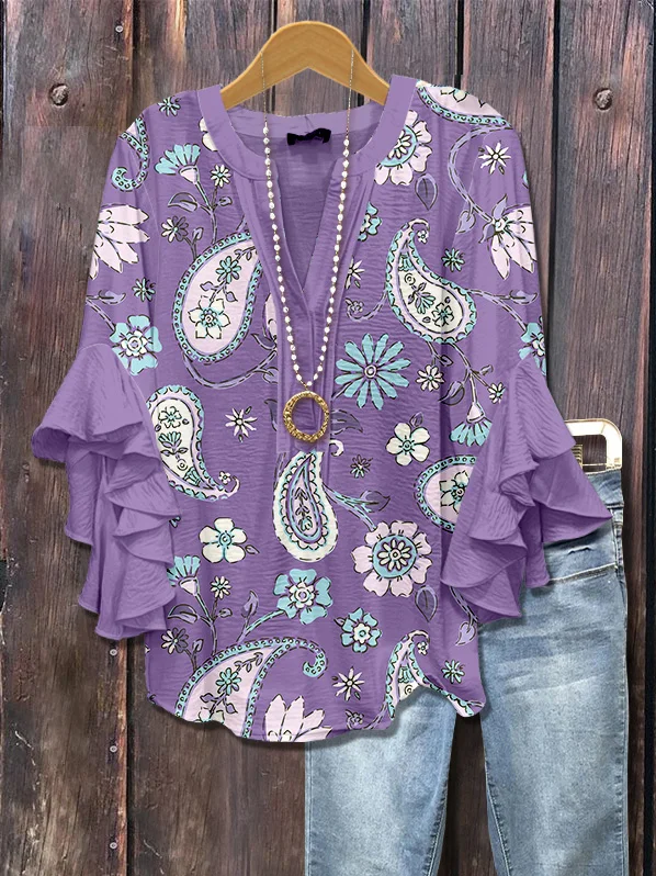 Damen Geblümt Halbarm Bluse Sommer Print V-Ausschnitt Täglich Lässig Oberteile