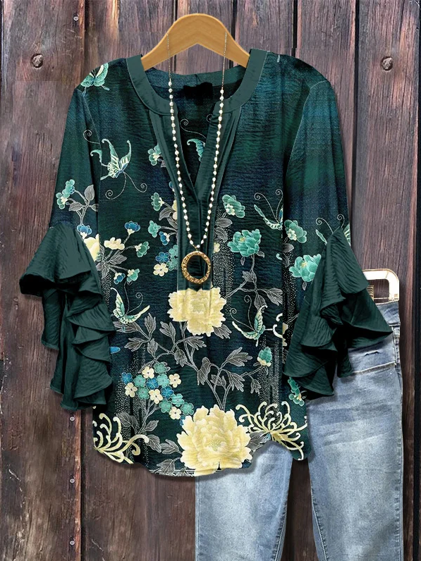 Damen Geblümt Halbarm Bluse Sommer Print V-Ausschnitt Täglich Lässig Oberteile