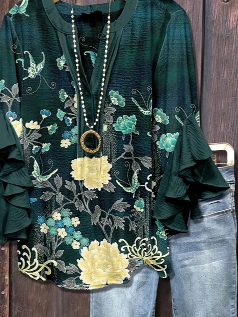 Damen Geblümt Halbarm Bluse Sommer Print V-Ausschnitt Täglich Lässig Oberteile