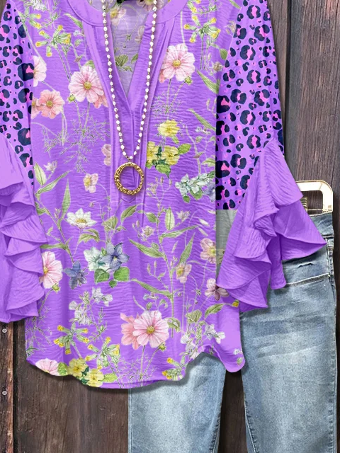 Damen Geblümt Halbarm Bluse Sommer Print V-Ausschnitt Täglich Lässig Oberteile