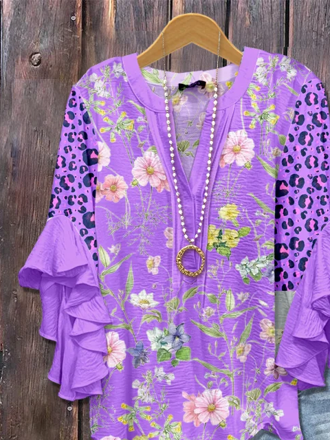 Damen Geblümt Halbarm Bluse Sommer Print V-Ausschnitt Täglich Lässig Oberteile