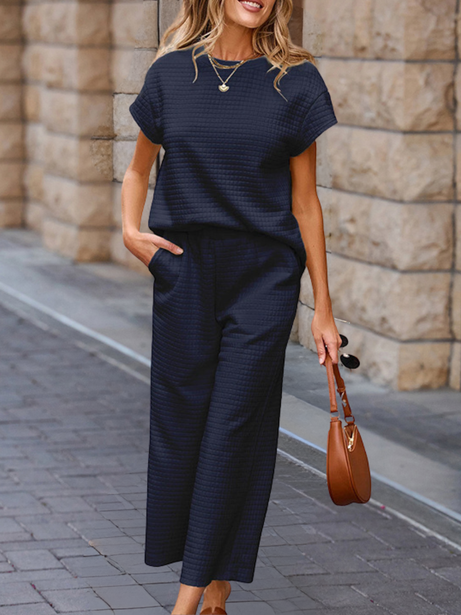 Damen Unifarben Nahtverarbeitung Zweiteiliges Set Täglich Halbarm Lässig Sommer Bluse mit Hose Matching Set
