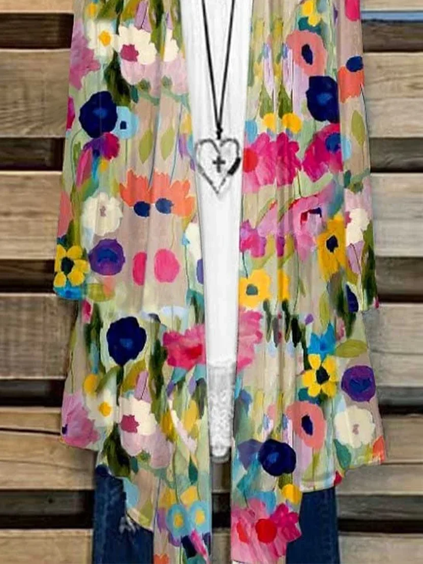 Damen Geblümt Frühling/Herbst Aufdecken Lässig Leicht Strickjacke